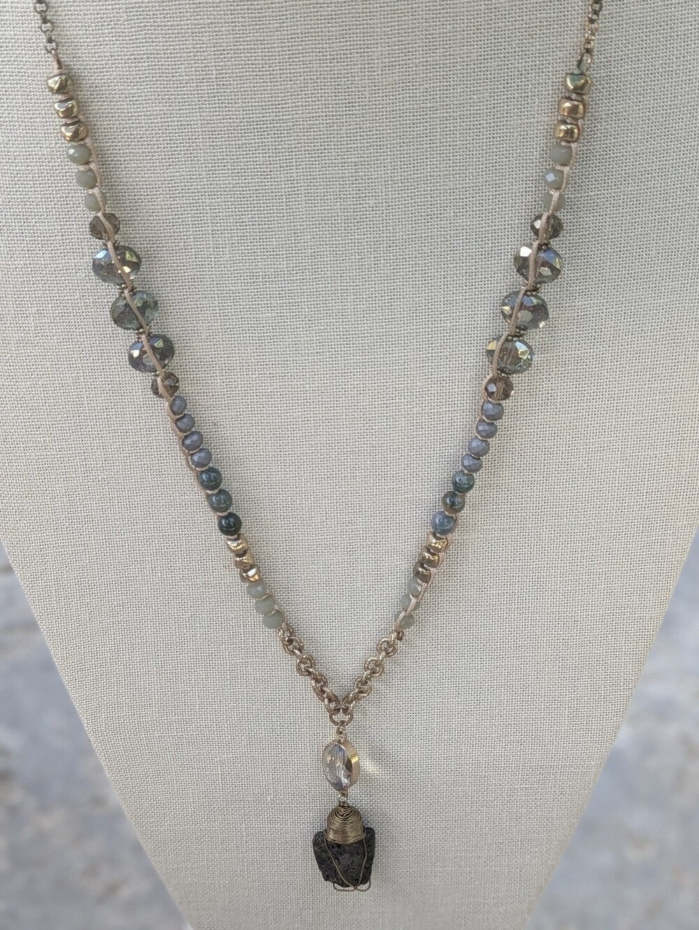 Boho Crystal, Moss Agate & Pyrite Long Pendant Necklace